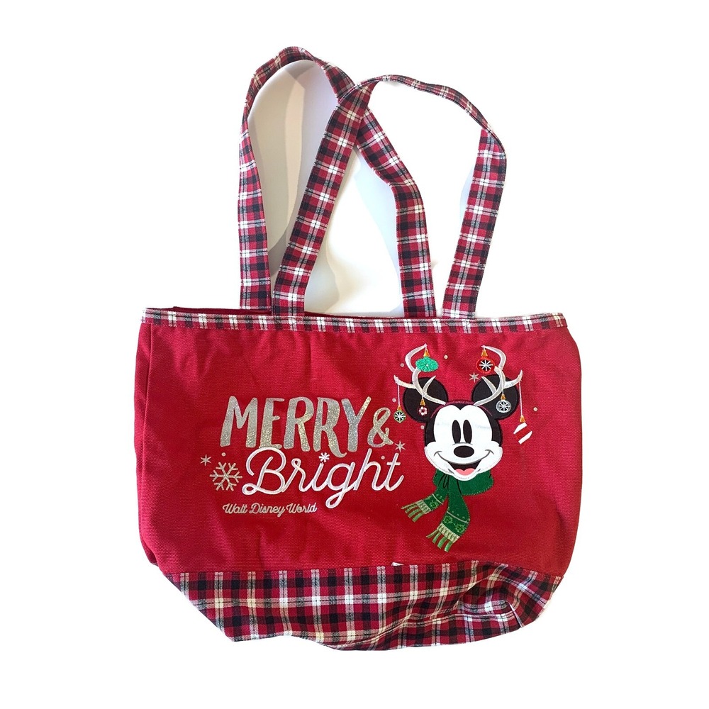Disney Parks WDW Merry & Bright Canvas Tote Mickey Mouse Plaid Christmas *Stains